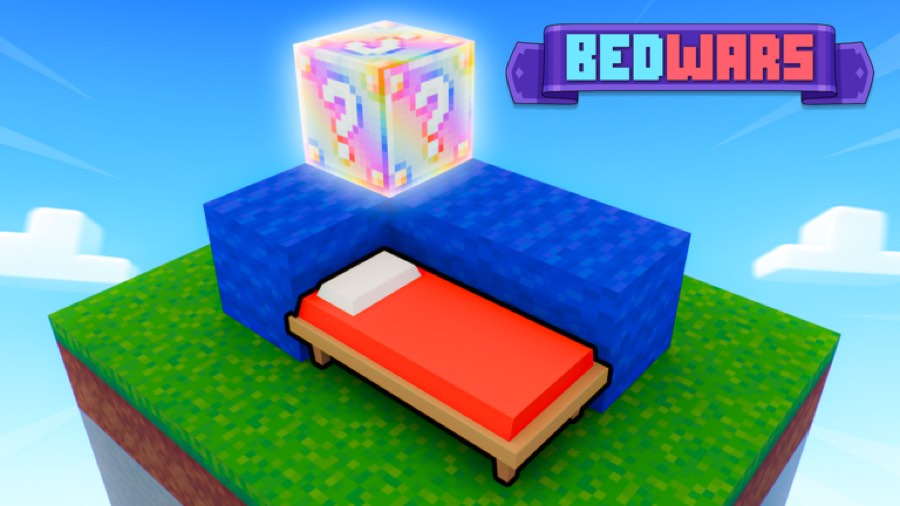 A lucky block floating above a defended bed on a grass island