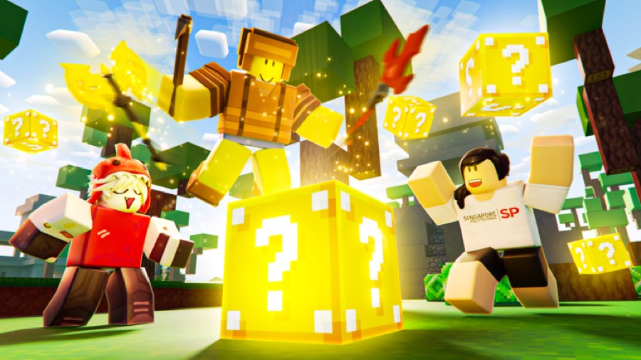 Players celebrating around glowing golden lucky blocks