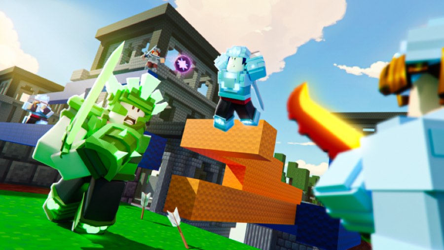 Kit characters fighting with swords over a bridge of blocks